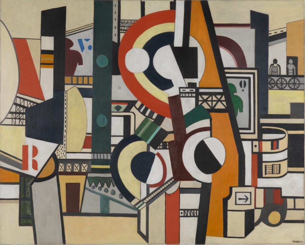 Fernand Léger'ye ait, kırmızı, sarı, siyah ve beyaz daireler ile geometrik makine biçimlerinden oluşan kübist kompozisyon
