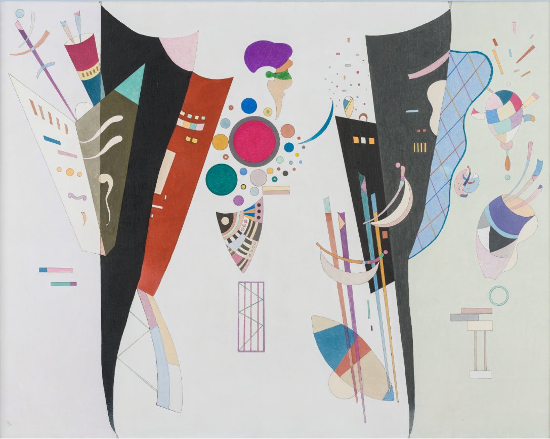 Vassily Kandinsky'ye ait, açık zemin üzerinde siyah ve kırmızı dikey biçimler, renkli daireler ve ince çizgilerden oluşan soyut kompozisyon